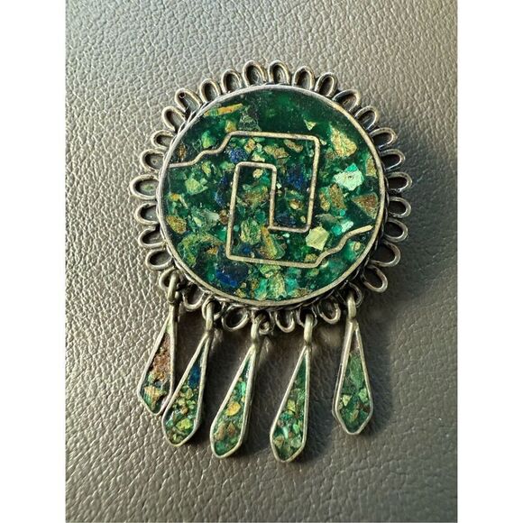 Vintage Mexico Sterling Silver & Turquoise Pendant Brooch Geometric EXCELLENT - Picture 3 of 8